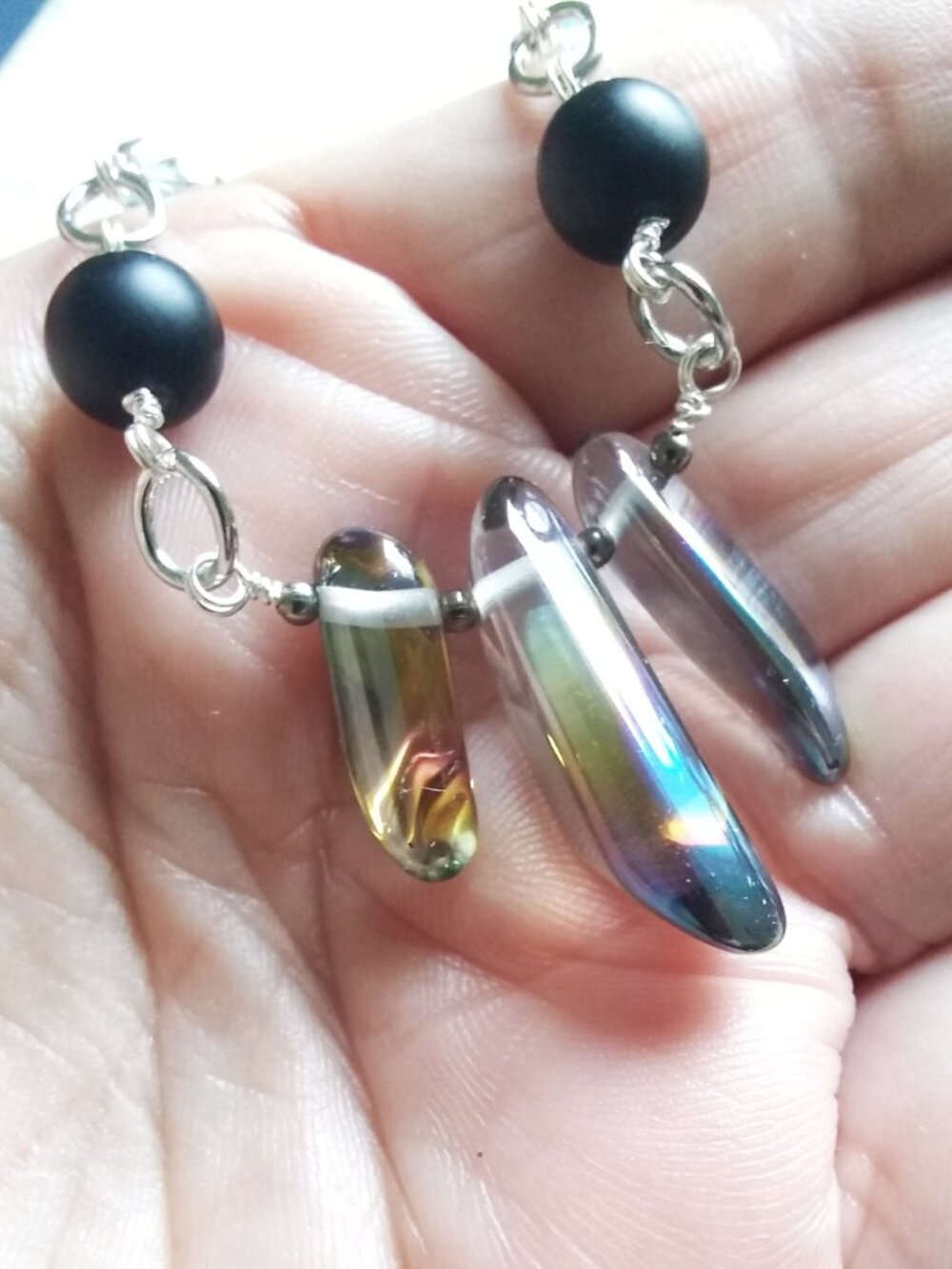Handmade! Electroplated Quartz + Black Stone Beads - Adjust. Necklace app. 22" - Picture 6 of 12